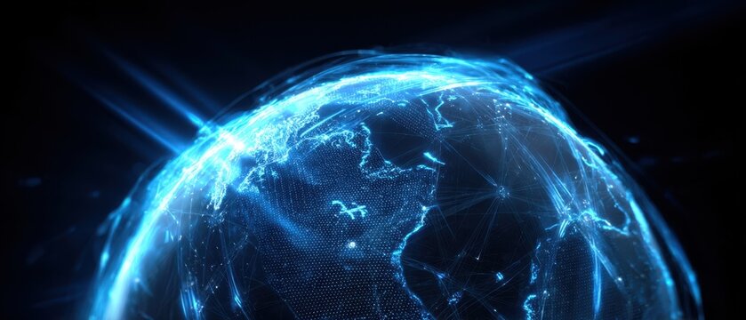 The globe illuminated by digital connections and futuristic lines in space.