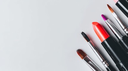 Fototapeta premium Makeup application and beauty exploration studio setting visual content flat lay view artistic expression