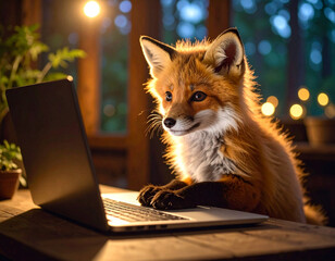 A beautiful fox cub is working on a laptop in the evening