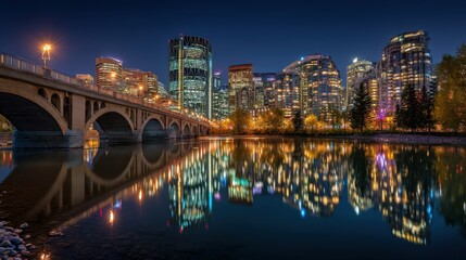 Fototapeta premium Nighttime cityscape reflections calgary urban photography waterfront panoramic view serenity and vibrancy