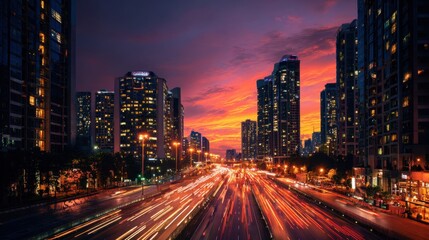 Vibrant cityscape at dusk urban highway photography nighttime wide-angle view urban life and energy