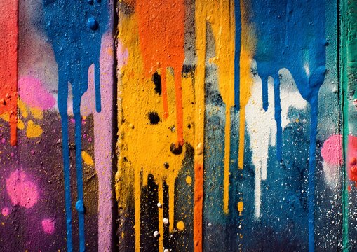 Colorful graffiti art with dripping paint and tags on a textured wall creating an urban aesthetic look