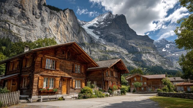 Charming wooden chalets nestled in alpine mountains switzerland landscape photography scenic view tranquil ambiance