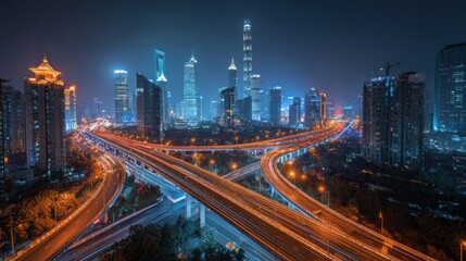 Fototapeta premium Dynamic cityscape night view shanghai urban photography skyline aerial perspective modern architecture and infrastructure