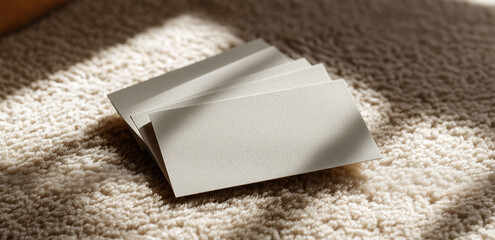Multiple blank professional cards displayed on woven textured surface for corporate identity.