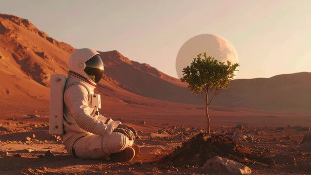 Martian Sunrise: Astronaut Contemplates Life, a Sapling's Hope on Red Planet