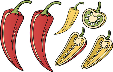 Realistic Chili Pepper Illustration Set with Six Detailed Designs. Fresh Spicy Chili Pepper Clipart Collection for Culinary Projects. Authentic Chili Pepper Artwork Bundle for Food and Kitchen Designs