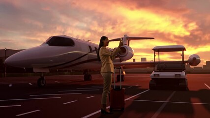 Full Body Back View Of Asian Businesswoman With Rolling Suitcase In Boarding Private Jet at Sunset, Waving Hand Having Video Call On Smartphone, Airport With Airplane - Powered by Adobe
