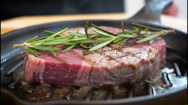 Sizzling Steak Perfection: Close-Up of Juicy Sirloin Grilling with Rosemary Garnish