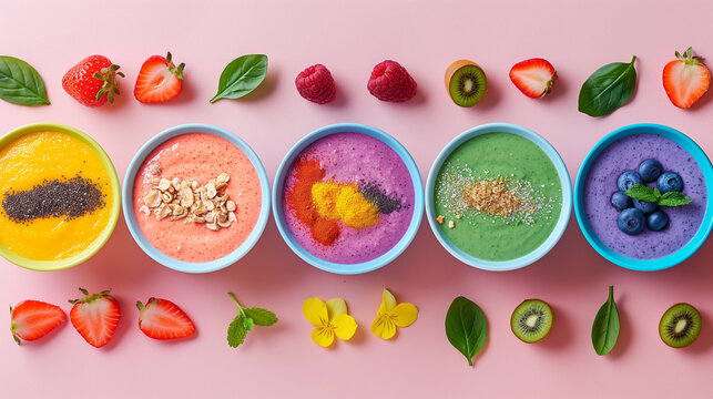 Colorful smoothie bowls with fresh fruit and berries on a pink background