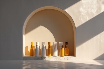 Empty cosmetic bottles arranged in an elegant arched niche, bathed in sunlight for a serene effect.