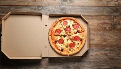 Top view of a hot pepperoni pizza with olives in an open takeaway box on a rustic wooden background, ideal for food delivery concepts.