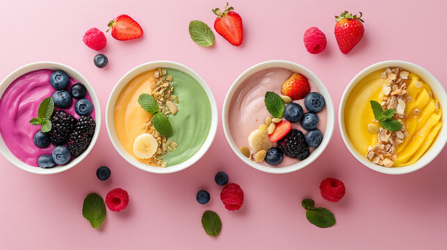 Four colorful smoothie bowls topped with fresh fruit and granola - Powered by Adobe