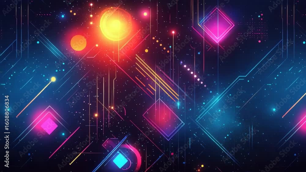 Poster vivid abstract digital space with vibrant neon geometric patterns and glowing elements