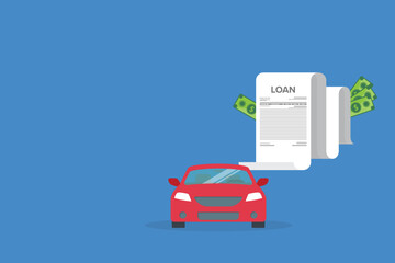 Car loan document, report. Bank paper agreement form list approved with automobile icon, vehicle financial, car dealership legal deal.	