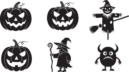 Obraz premium Halloween characters carved pumpkins witch scarecrow monster, halloween, pumpkin, jack o lantern, scarecrow, witch, monster, spooky, creepy, holiday, autumn, fall, celebration, decoration, silhouette,