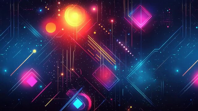 Vivid abstract digital space with vibrant neon geometric patterns and glowing elements