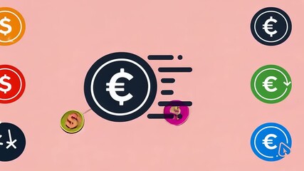 Colorful currency symbols and coins representing global finance on a pink background, illustrating money flow - Powered by Adobe