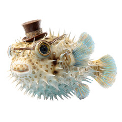 Pufferfish wearing a steampunk top hat and goggles isolated on transparent background