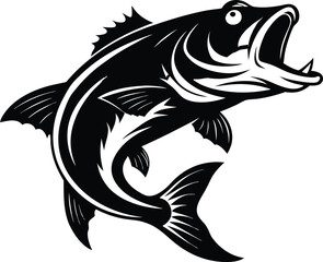 Largemouth Bass Fish Silhouette Vector Illustration in Jumping Pose on White Background