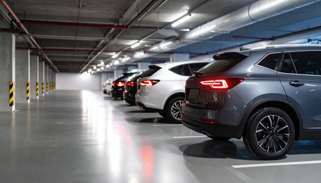 Various parked cars aligned in a row inside an underground basement parking garage with dim lighting and concrete structure surroundings