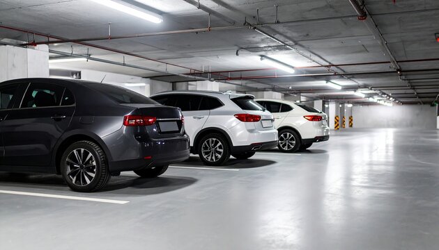 Various parked cars aligned in a row inside an underground basement parking garage with dim lighting and concrete structure surroundings