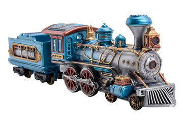 Antique blue steam locomotive toy with tender isolated on transparent background