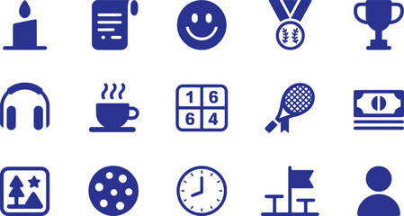 Candle document smiley medal trophy headphones hot drink bingo tennis racket money picture cookie clock picnic table person
