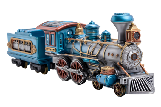Antique blue steam locomotive toy with tender isolated on transparent background