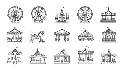 Line art icons depicting various amusement park rides