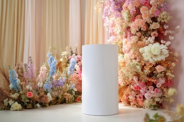 Soft pastel-colored backdrop with a white podium and floral accents for a charming display.