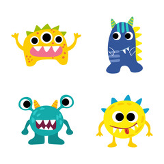 Set of flat cute monsters in bright colors and fun expressions. Great for kids' projects, stickers, games, and playful design themes.