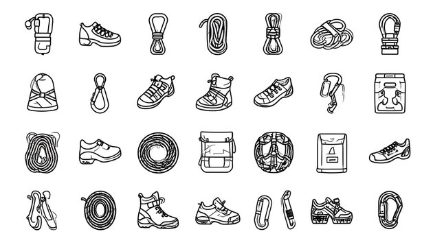 Line art icons depict climbing gear & footwear