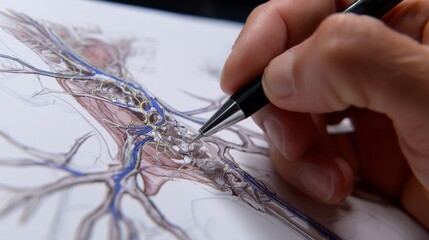 Hand drawing anatomical illustration detailed nervous system medical artwork