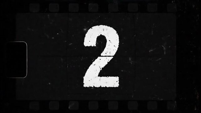 Old film 5 to 0 countdown. defocused film look, flicker, grain and scratches effect. 4K animation 16 bit depth