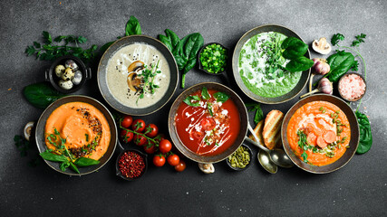 Colorful vegetable soups. Healthy food. In a bowl. The concept of vegetarian food.