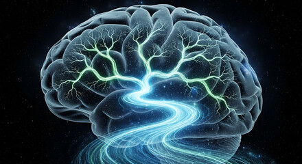 Glowing energy flows from a translucent human brain, representing neural pathways and cognitive processes.
