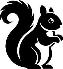Black line drawing of a happy, upright squirrel with a bushy tail perfect for naturethemed designs and childrens illustrations, background and vektor