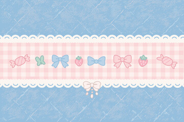 Pastel Gingham Candy & Strawberry Border Pattern – Kawaii Lace Blue Pink Design

