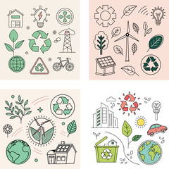 A green ecology seamless pattern with cartoon icons of trees, leaves, and water illustrates a fun, environmentally friendly design
