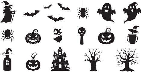 Obraz premium Halloween icons witch bats spiders ghosts pumpkins haunted house trees, halloween, witch, bats, spiders, ghosts, pumpkins, haunted house, trees, black, silhouette, spooky, creepy, holiday, celebration
