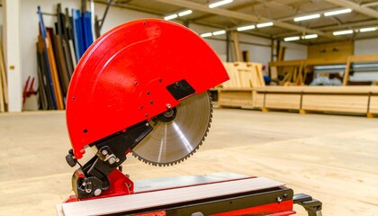Fototapeta premium Professional red circular saw machine for cutting wood in a modern carpentry workshop with lumber in the background.