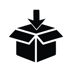 Black silhouette of open box with arrow pointing downwards into the container