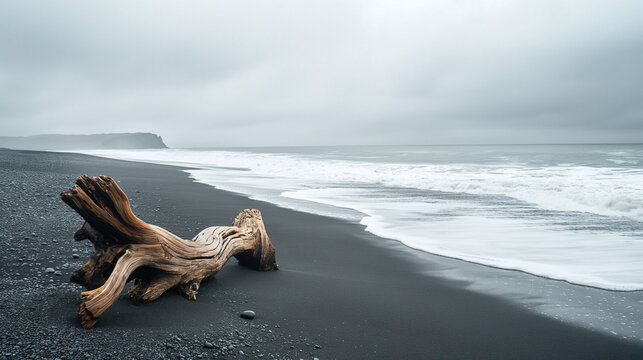 Driftwood on a dark sand beach with crashing waves and overcast sky