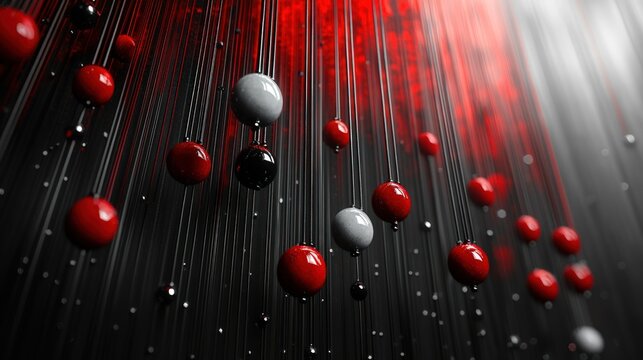 Red, white, and black spheres suspended by strings in a dark space