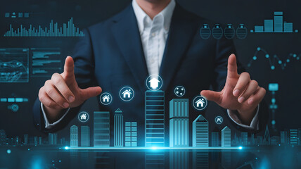 Businessman interacting with a futuristic holographic cityscape displaying smart city technology and real estate icons
