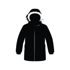 Black silhouette illustration of winter parka coat with fur hood trim