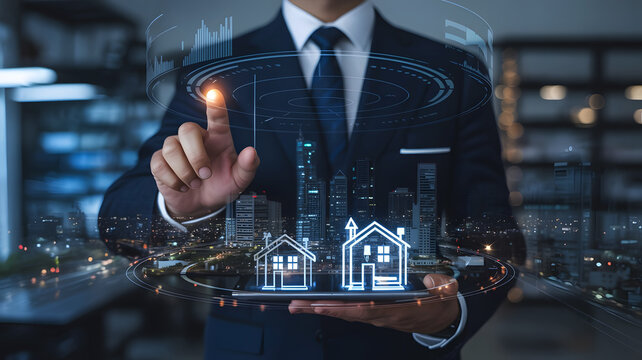 Businessman interacting with a futuristic holographic display of smart city buildings and homes