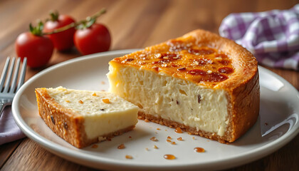 A slice of creamy cheesecake with a graham cracker crust and a dollop of whipped cream on top, on a white plate, vibrant and inviting, detailed, 4K, HD image.