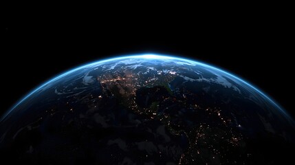 Stunning view of Earth’s curvature from space, illuminated city lights glowing in the night, showcasing the planet’s atmosphere, continents, and the serene vastness of the surrounding cosmos.

